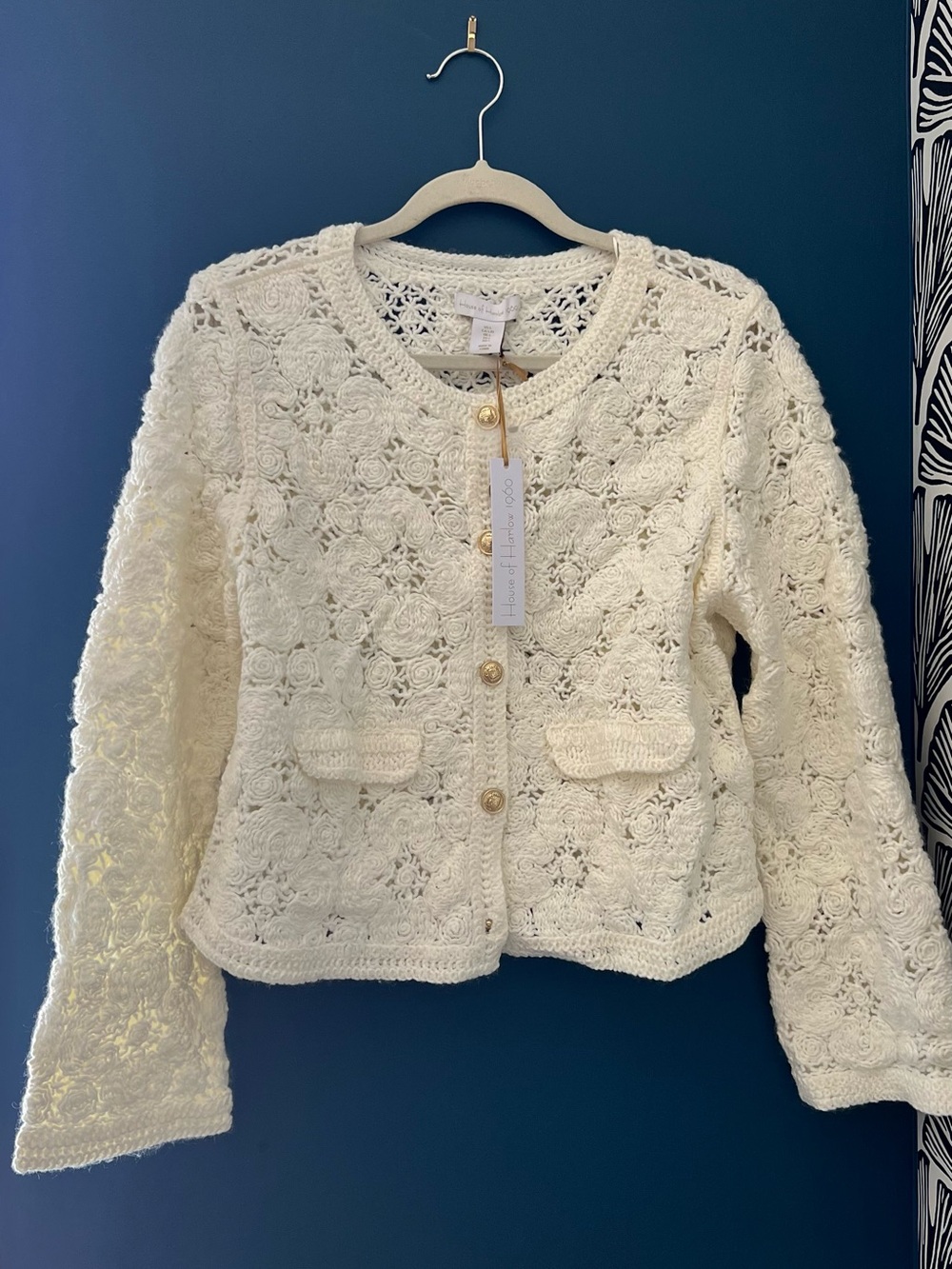 House of Harlow 1960 Floral Crochet Cardigan Jacket Cream L NWT